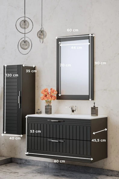 BALNEOM Erguvan Gümüş Kulp Antrasit Demonte 80 Cm Lavabolu Banyo Dolabı Ayna Lavabo Boy Dolabı - 2