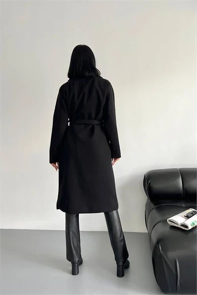 Dipmoda kadın bella kuşaklı kaşe kaban GTS026 - Siyah - 4