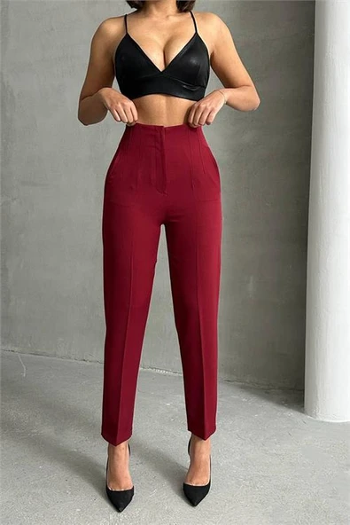 Dipmoda kadın bordo yüksek bel kumaş pantolon DPG062