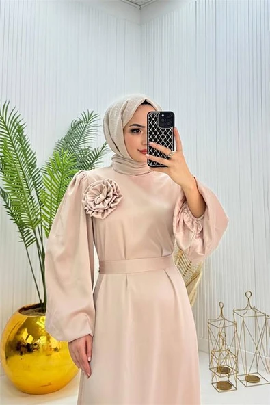 Dipmoda kadın saten gül detaylı tesettür elbise NMS038 - Resim 2