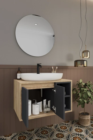 BALNEOM Gül 70 Cm %100 Mdf Lavabolu Banyo Dolabı Ayna Alt Dolap Lavabo - 5