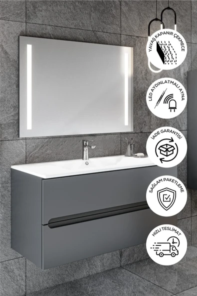BALNEOM Banyo Kadife Antrasit Soft Mat Hıgh Gloss Demonte 100 Cm Banyo Dolabı Led Işıklı Aynalı Üst Dolap