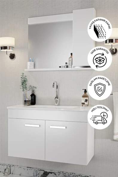 BALNEOM Banyo Defne 02 65 65 Cm Demonte Banyo Dolabı Aynalı Dolaplı Üst Dolap Seramik Lavabo