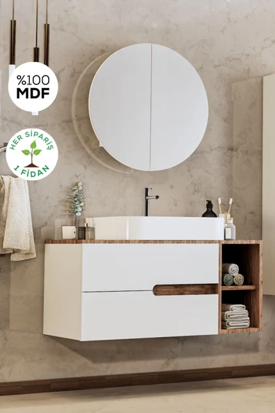 BALNEOM Koza Beyaz 90 Cm %100 Mdf Lavabolu Banyo Dolabı Ayna Lavabo