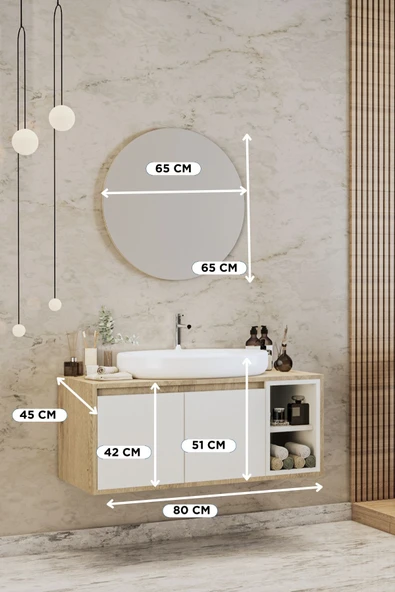 BALNEOM Gül Beyaz 80 Cm %100 Mdf Lavabolu Banyo Dolabı Ayna Lavabo - 2