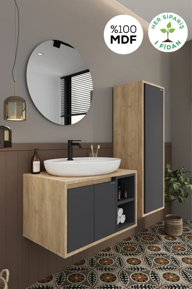 BALNEOM Gül 70 Cm %100 Mdf Lavabolu Banyo Dolabı Ayna Alt Dolap Lavabo Boy Dolabı