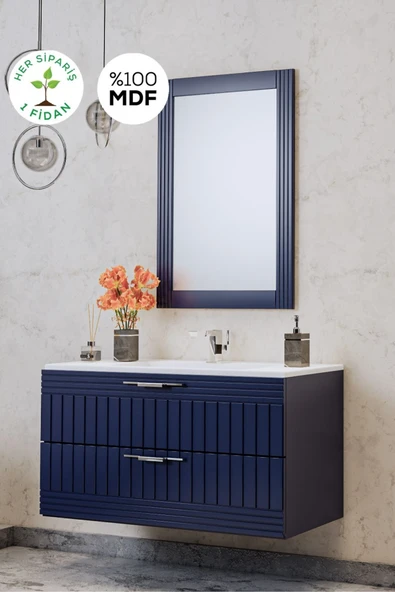 BALNEOM Erguvan Lacivert Demonte 100 Cm Lavabolu Banyo Dolabı Ayna Lavabo Alt Dolap
