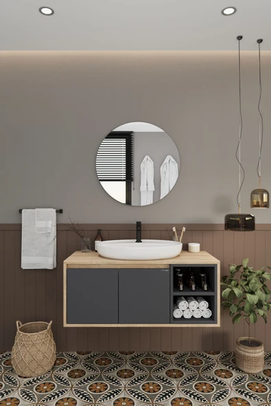 BALNEOM Gül 100 Cm %100 Mdf Lavabolu Banyo Dolabı Ayna Alt Dolap Lavabo - 2