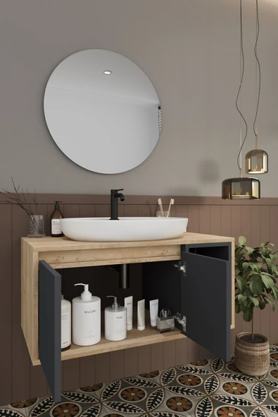 BALNEOM Gül 90 Cm %100 Mdf Lavabolu Banyo Dolabı Ayna Alt Dolap Lavabo - 5