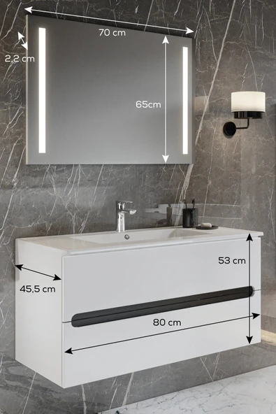 BALNEOM Banyo Kadife Beyaz Parlak Hıgh Gloss Demonte 80 Cm Banyo Dolabı Led Işıklı Aynalı Üst Dolap - 3