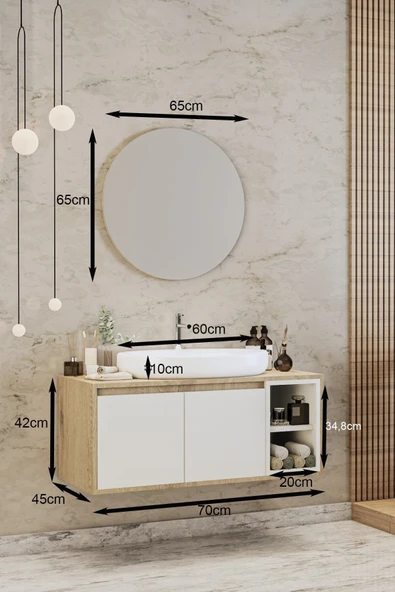 BALNEOM Gül Beyaz 70 Cm %100 Mdf Lavabolu Banyo Dolabı Ayna Lavabo - 2