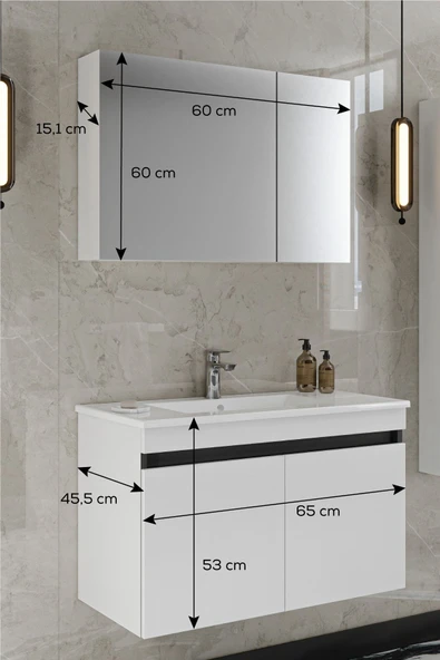 BALNEOM Banyo Idil 65 Cm Demonte Beyaz Lavabolu Banyo Dolabı Aynalı Dolaplı Üst Dolap Alt Dolap Lavabo - 2