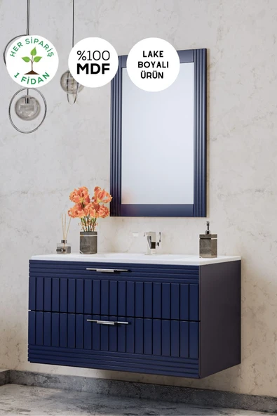 BALNEOM Erguvan Lacivert Demonte 80 Cm Lavabolu Banyo Dolabı Ayna Alt Dolap Lavabo