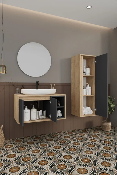 BALNEOM Gül 70 Cm %100 Mdf Lavabolu Banyo Dolabı Ayna Alt Dolap Lavabo Boy Dolabı - 5