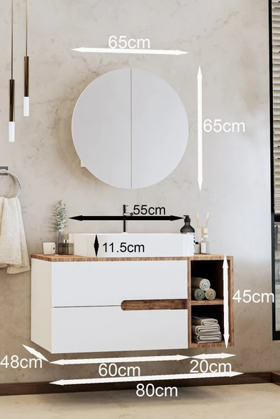 BALNEOM Koza Beyaz 80 Cm %100 Mdf Lavabolu Banyo Dolabı Ayna Lavabo - 3