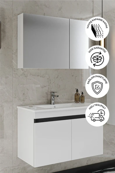 BALNEOM Banyo Idil 65 Cm Demonte Beyaz Lavabolu Banyo Dolabı Aynalı Dolaplı Üst Dolap Alt Dolap Lavabo