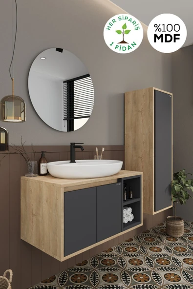 BALNEOM Gül 80 Cm %100 Mdf Lavabolu Banyo Dolabı Ayna Alt Dolap Lavabo Boy Dolabı