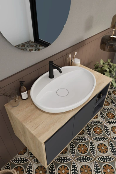 BALNEOM Gül 90 Cm %100 Mdf Lavabolu Banyo Dolabı Ayna Alt Dolap Lavabo - 4