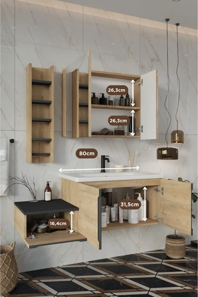 BALNEOM Zakkum 120 Cm %100 Mdf Lavabolu Banyo Dolabı Dolaplı Aynalı Üst Dolap Boy Dolabı Havluluk