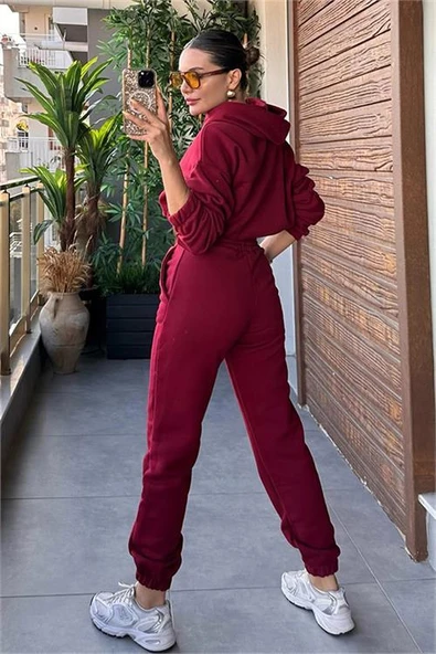 Dipmoda kadın kapüşonlu şardonlu eşofman takımı GTS020 - Bordo - 3