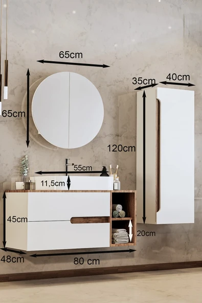 BALNEOM Koza Beyaz 80 Cm %100 Mdf Banyo Dolabı Ayna Lavabo Boy Dolabı - 3