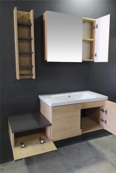 BALNEOM Zakkum 100 Cm %100 Mdf Lavabolu Banyo Dolabı Dolaplı Aynalı Üst Dolap Boy Dolabı Havluluk - 3