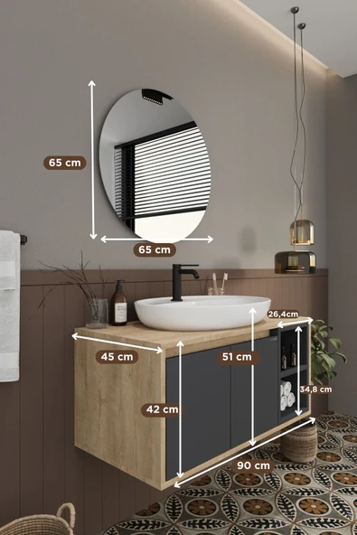 BALNEOM Gül 90 Cm %100 Mdf Lavabolu Banyo Dolabı Ayna Alt Dolap Lavabo - 6