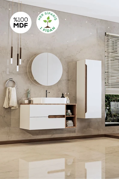 BALNEOM Koza Beyaz 90 Cm %100 Mdf Banyo Dolabı Ayna Lavabo Boy Dolabı