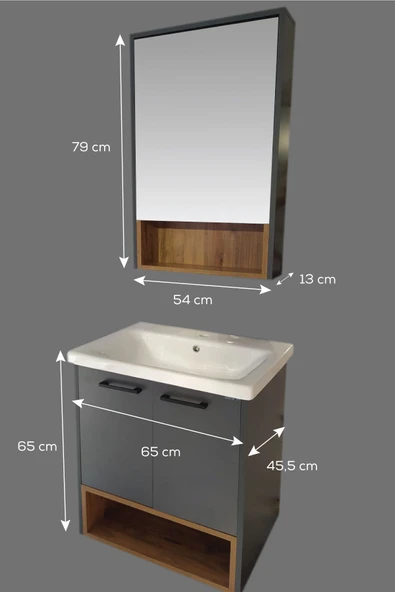 BALNEOM Karanfil 65 Cm %100 Mdf Antrasit Lavabolu Banyo Dolabı Ayna Alt Dolap Lavabo - 4