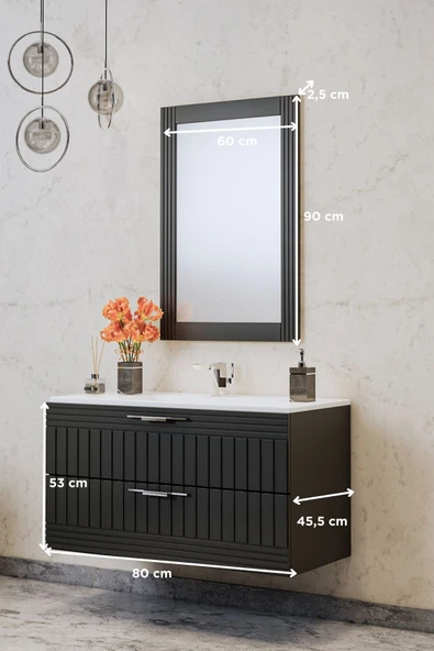 BALNEOM Erguvan Gümüş Kulp Antrasit Demonte 80 Cm Lavabolu Banyo Dolabı Ayna - 2