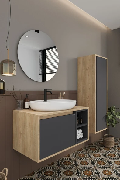 BALNEOM Gül 80 Cm %100 Mdf Lavabolu Banyo Dolabı Ayna Alt Dolap Lavabo Boy Dolabı - 3