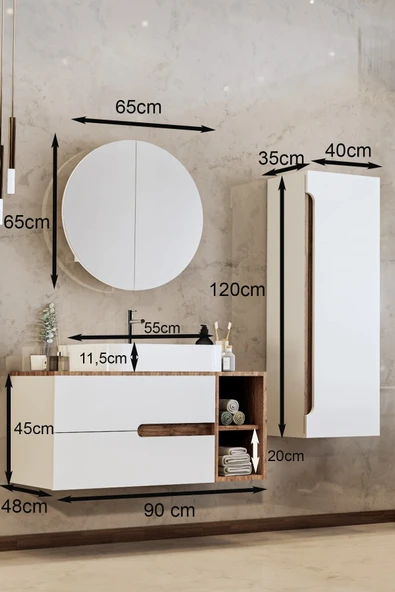 BALNEOM Koza Beyaz 90 Cm %100 Mdf Banyo Dolabı Ayna Lavabo Boy Dolabı - 3