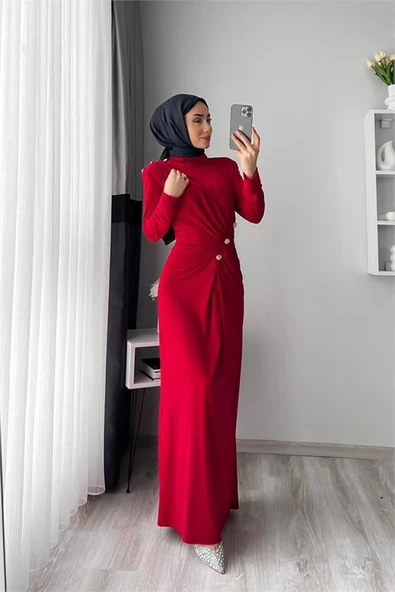 neşeli butik kadın likralı düğme detaylı tesettür elbise NMS046 - 3
