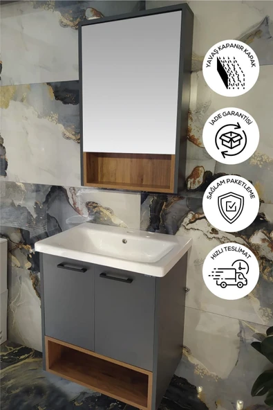 BALNEOM Karanfil 65 Cm %100 Mdf Antrasit Lavabolu Banyo Dolabı Ayna Alt Dolap Lavabo - 3