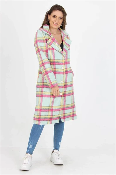 Dipmoda Kadın Düğme Detaylı Cepli Ekose Kaşe Kaban DP9018 - 2