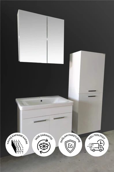 BALNEOM Defne 80 Cm Demonte Banyo Dolabı Aynalı Dolaplı Üst Dolap Lavabo Boy Dolabı