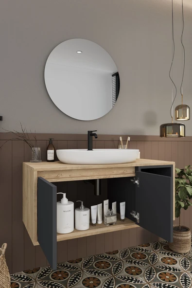 BALNEOM Gül 100 Cm %100 Mdf Lavabolu Banyo Dolabı Ayna Alt Dolap Lavabo - 5