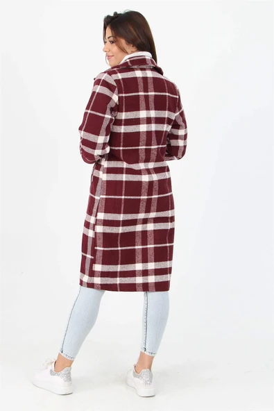 Dipmoda Kadın Düğme Detaylı Cepli Ekose Kaşe Kaban DP9018 - 3