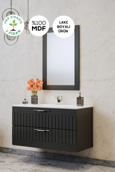 BALNEOM Erguvan Gümüş Kulp Antrasit Demonte 100 Cm Lavabolu Banyo Dolabı^ Ayna