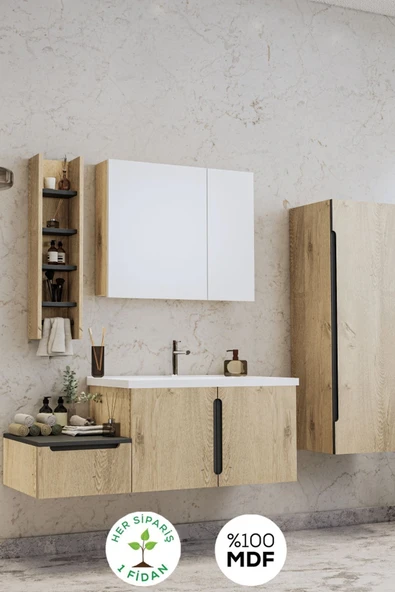 BALNEOM Zakkum 100 Cm %100 Mdf Lavabolu Banyo Dolabı Dolaplı Aynalı Üst Dolap Boy Dolabı Havluluk