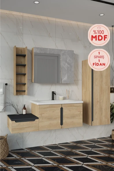 BALNEOM Zakkum 120 Cm %100 Mdf Lavabolu Banyo Dolabı Dolaplı Aynalı Üst Dolap Boy Dolabı Havluluk - 2