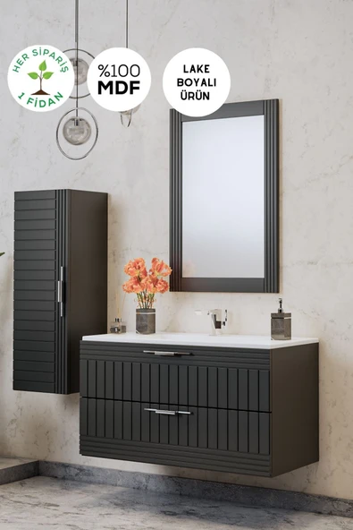 BALNEOM Erguvan Gümüş Kulp Antrasit Demonte 100 Cm Lavabolu Banyo Dolabı Ayna Lavabo Boy Dolabı