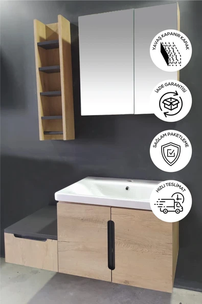 BALNEOM Zakkum 100 Cm %100 Mdf Lavabolu Banyo Dolabı Dolaplı Aynalı Üst Dolap Boy Dolabı Havluluk - 2