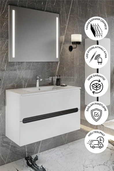 BALNEOM Banyo Kadife Beyaz Parlak Hıgh Gloss Demonte 100 Cm Banyo Dolabı Ledli Aynalı Üst Dolap Boy Dolabı