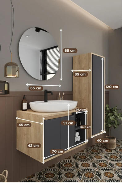 BALNEOM Gül 70 Cm %100 Mdf Lavabolu Banyo Dolabı Ayna Alt Dolap Lavabo Boy Dolabı - 6