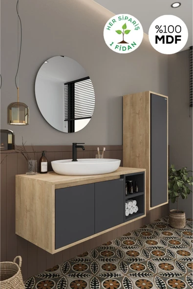BALNEOM Gül 100 Cm %100 Mdf Lavabolu Banyo Dolabı Ayna Alt Dolap Lavabo Boy Dolabı