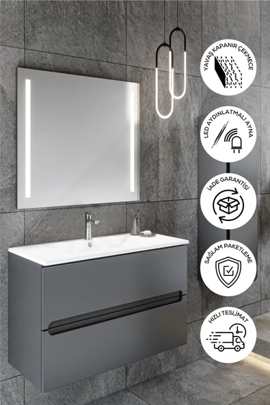 BALNEOM Banyo Kadife Antrasit Mat Hıgh Gloss Demonte 100 Cm Banyo Dolabı Ledli Aynalı Üst Dolap Boy Dolabı