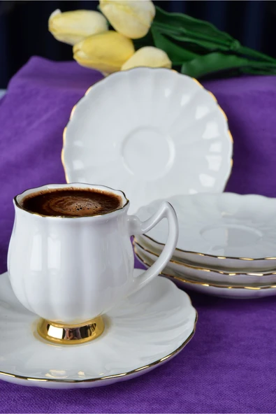 Farika Porselen Lale 12 Parça 6 Kişilik Altın Yaldız Kahve Fincan Takımı - 3