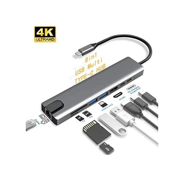 8 İn1 4K Type-C USB 3.0 Hub HDMI RJ45 SDTF Adaptörü Gri