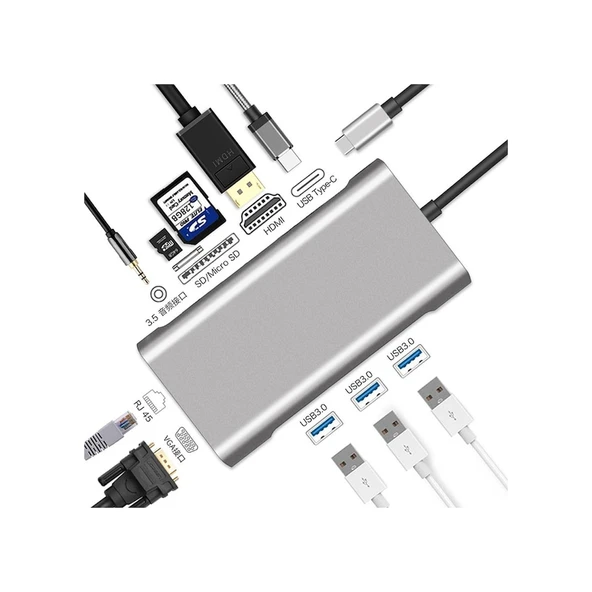 10 In 1 Type-C To Vga Hdmı Usb C Ethernet Aux Kart Okuyucu